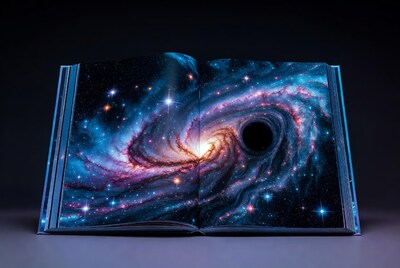 Open book with galaxy and black hole