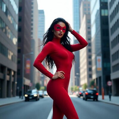 Woman in red catsuit and mask on city street