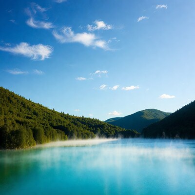Turquoise lake with mist and mountains