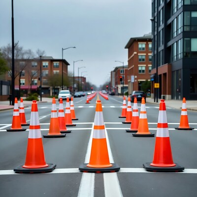 Orange traffic cones on city street