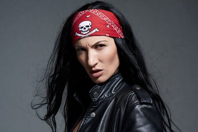 Woman in skull bandana leather jacket