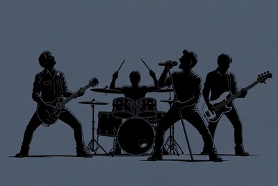 Rock band silhouettes performing