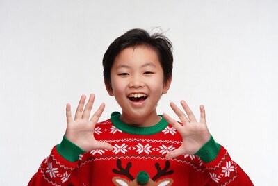 Asian boy smiling in reindeer Christmas sweater