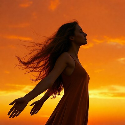 Woman silhouette arms outstretched sunset