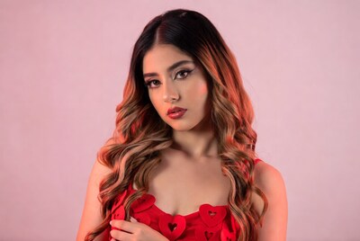 Woman in red heart dress
