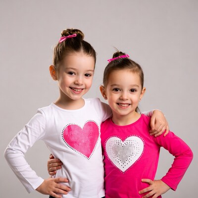 Two girls hugging in heart shirts