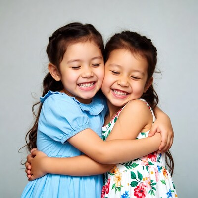 Asian girls hugging and smiling