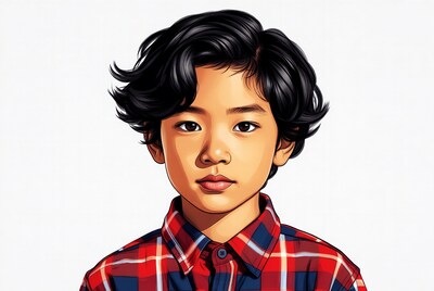 Asian boy in plaid shirt illustration