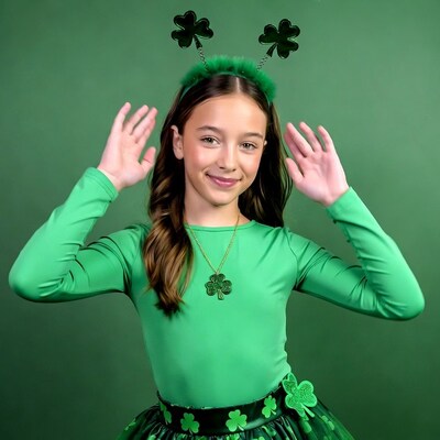 Girl in shamrock St. Patricks Day outfit