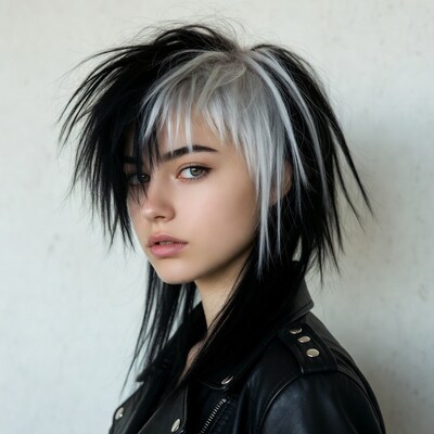 Woman with black white hair leather jacket