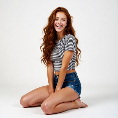 Redhead woman smiling kneeling white background