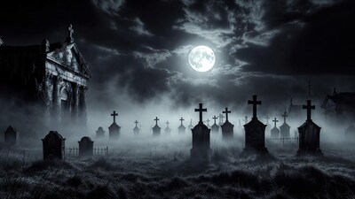 Moonlit Cemetery with Ruined Church