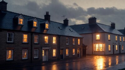 Lit windows in rainy terraced houses