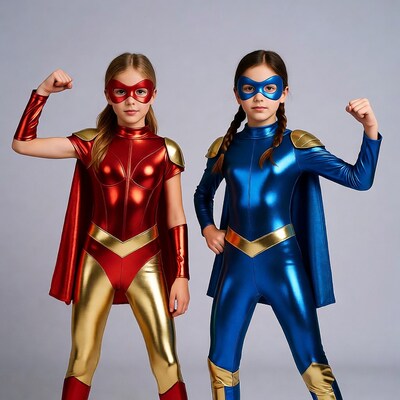 Two girls in red and blue superhero costumes