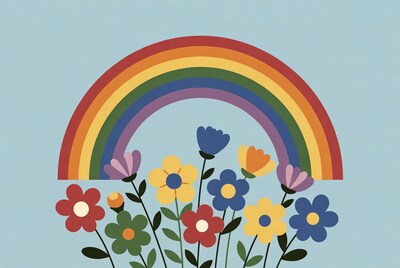 Rainbow over colorful flowers illustration