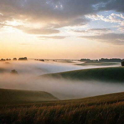 Foggy rolling hills at sunrise