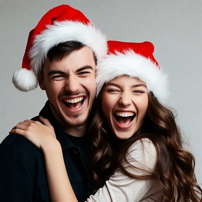 Couple laughing in Santa hats