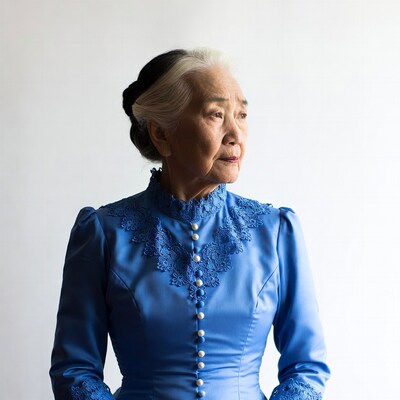 Elderly Asian woman in blue lace dress