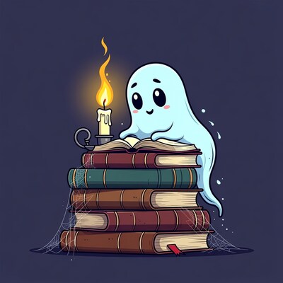 Cute ghost reading books by candlelight