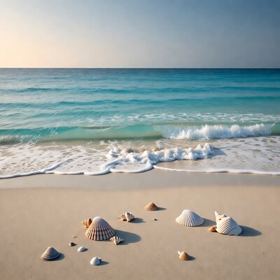Seashells on beach with ocean waves
