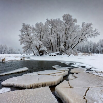 Frost-covered trees by icy river