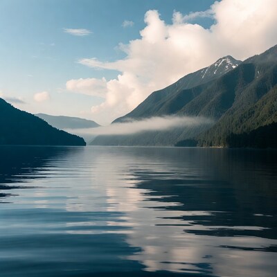 Mountain Lake with Fog and Reflections