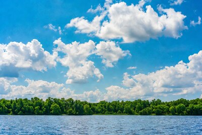 Lake with green trees and cloudy blue sky