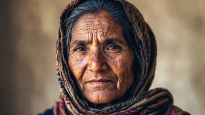 Elderly Indian woman in colorful headscarf
