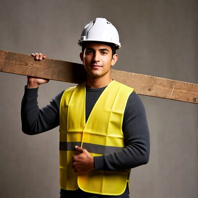 Man carrying wood plank in hard hat