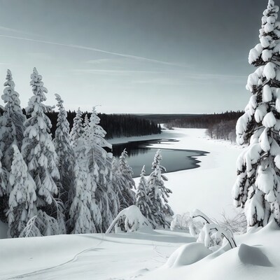 Snowy River Amid Winter Pine Forest