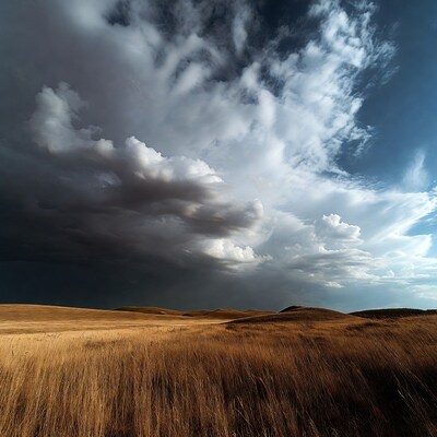 Dramatic stormy clouds over golden wheat fields