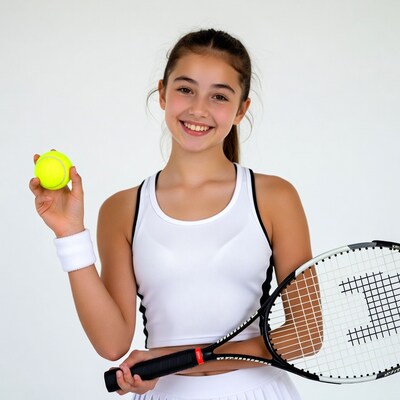 Girl holding tennis ball and racket