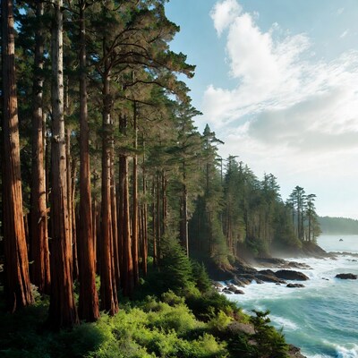 Tall redwood trees by ocean coast