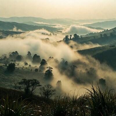 Misty Mountains with Fog and Trees