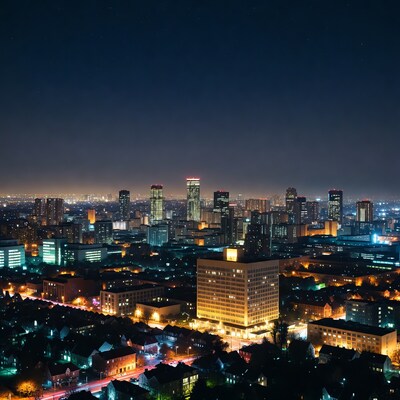 City skyline at night with stars
