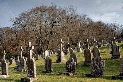 Graveyard with crosses and bare trees