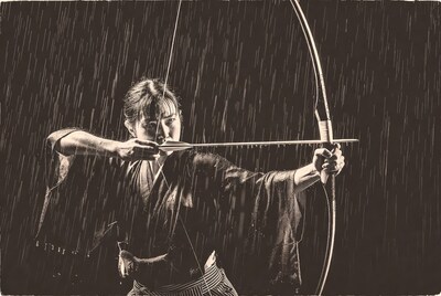 Asian woman shooting bow in rain