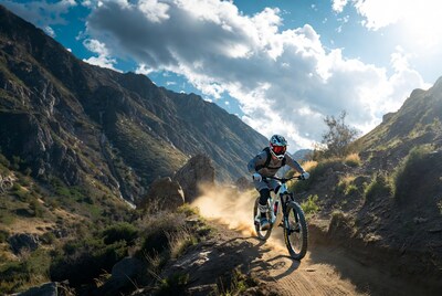 Mountain biker riding dusty trail