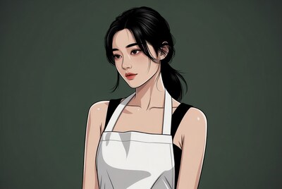 Asian woman in white apron illustration