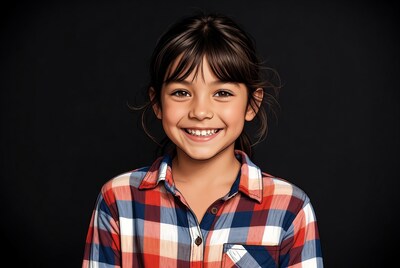 Smiling Asian girl in plaid shirt