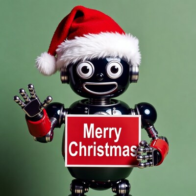 Robot with Santa hat holding Merry Christmas sign