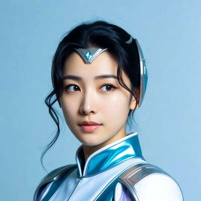 Asian woman in blue futuristic armor