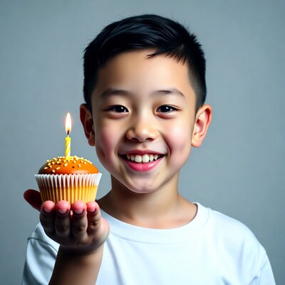 Asian boy holding birthday cupcake