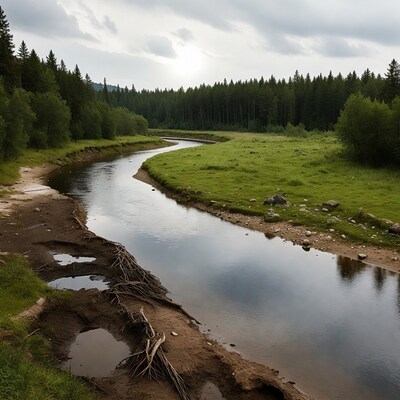 River meandering through forest meadow