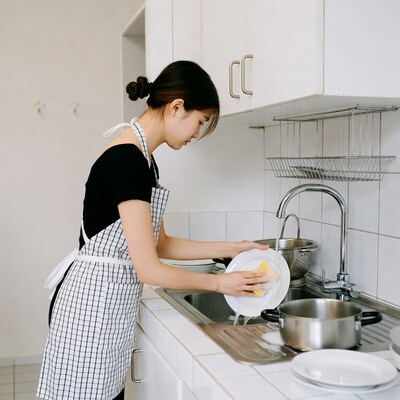Asian woman washing dishes in kitchen