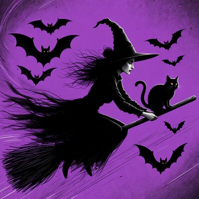 Witch flying on broom with cat