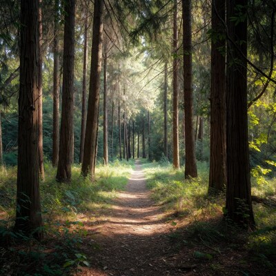 Sunlit forest path through tall trees