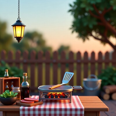 Outdoor BBQ Grill with Lantern Sunset