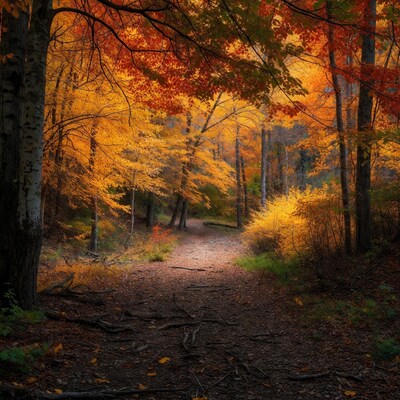 Autumn Forest Path with Vibrant Trees