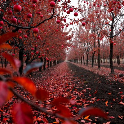 Red Apple Orchard Path with Fallen Leaves